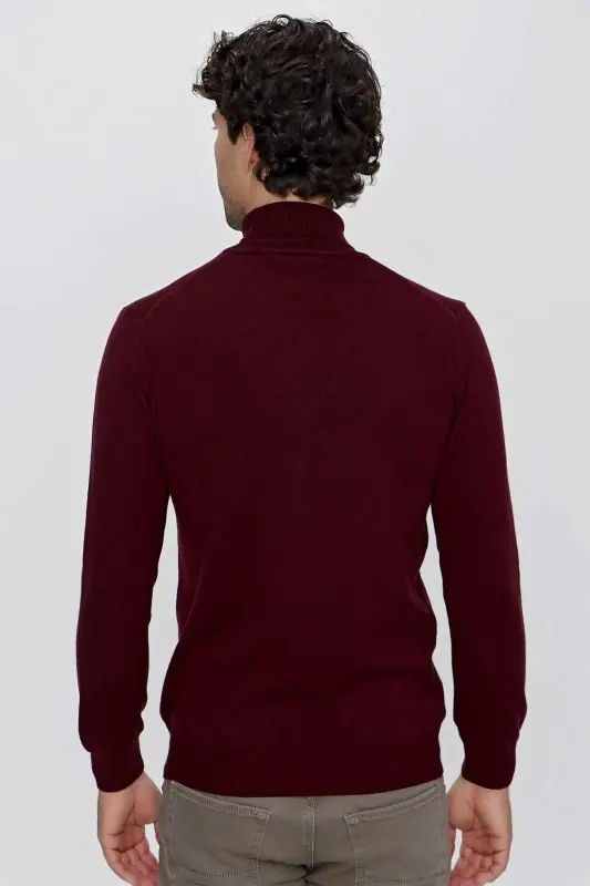 Koyu Bordo Basic Dinamik Fit Rahat Kesim Balıkçı Yaka Triko Kazak - 7