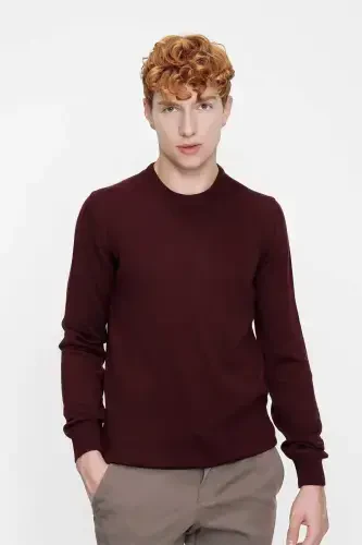 Koyu Bordo Basic Dinamik Fit Rahat Kesim Bisiklet Yaka Triko Kazak 