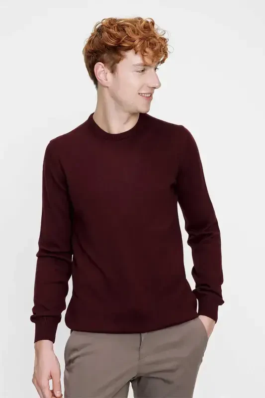 Koyu Bordo Basic Dinamik Fit Rahat Kesim Bisiklet Yaka Triko Kazak - 2
