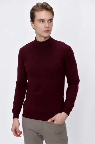 Koyu Bordo Basic Dinamik Fit Rahat Kesim Yarım Balıkçı Yaka Triko Kazak - 3