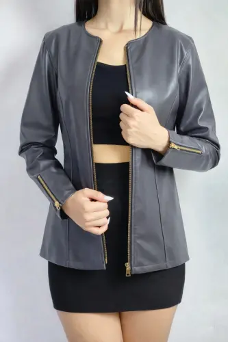 KOYU GRİ DERİ CEKET-KOYUGri - 3