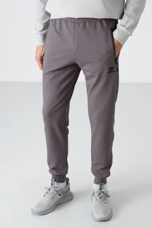 Koyu Gri Fermuar Cepli Standart Kalıp Jogger Erkek Eşofman Alt - 84587 - Koyu Gri - 1