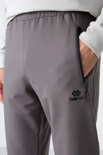Koyu Gri Fermuar Cepli Standart Kalıp Jogger Erkek Eşofman Alt - 84587 - Koyu Gri - 3