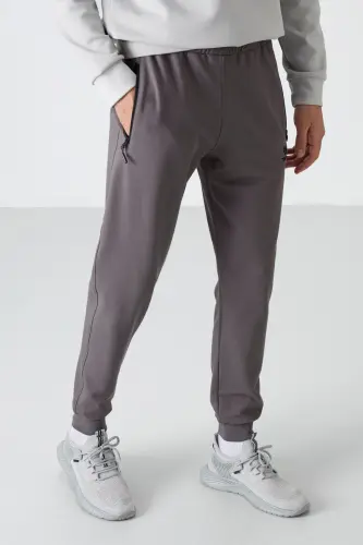 Koyu Gri Fermuar Cepli Standart Kalıp Jogger Erkek Eşofman Alt - 84587 - Koyu Gri - 4