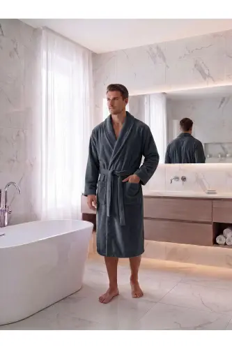 Koyu Gri Kadın/Erkek Unısex Şalyaka Ev, Otel, Spa, Banyo Bornoz Tek Parça - Koyu Gri - 2