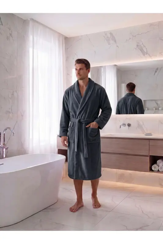 Koyu Gri Kadın/Erkek Unısex Şalyaka Ev, Otel, Spa, Banyo Bornoz Tek Parça - Koyu Gri - 2