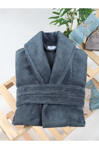 Koyu Gri Kadın/Erkek Unısex Şalyaka Ev, Otel, Spa, Banyo Bornoz Tek Parça-Koyu Gri - 5