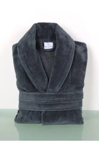 Koyu Gri Kadın/Erkek Unısex Şalyaka Ev, Otel, Spa, Banyo Bornoz Tek Parça-Koyu Gri - 6