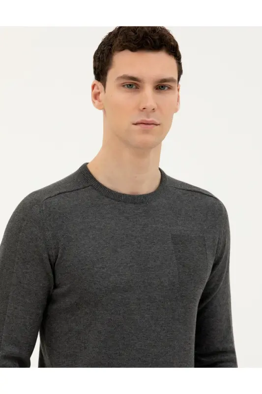 Koyu Gri Slim Fit Bisiklet Yaka Triko Kazak 50281779-VR080-142342 - 2