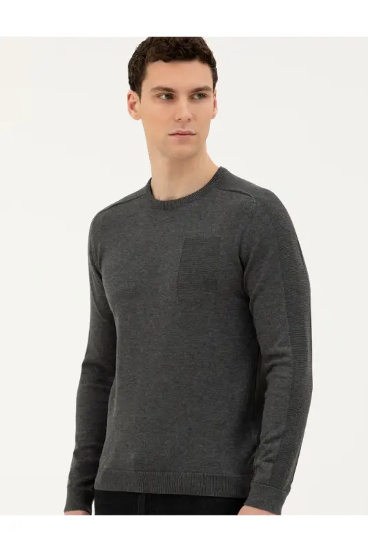 Koyu Gri Slim Fit Bisiklet Yaka Triko Kazak 50281779-VR080-142342 - 3