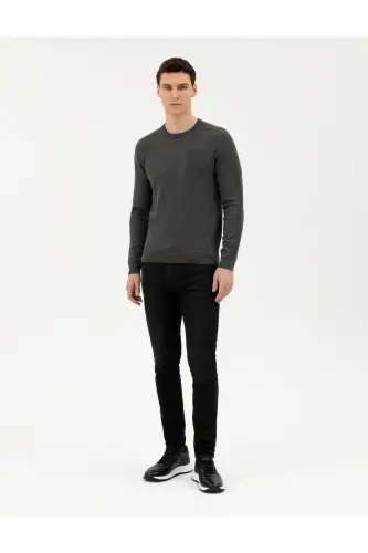 Koyu Gri Slim Fit Bisiklet Yaka Triko Kazak 50281779-VR080-142342 - 4