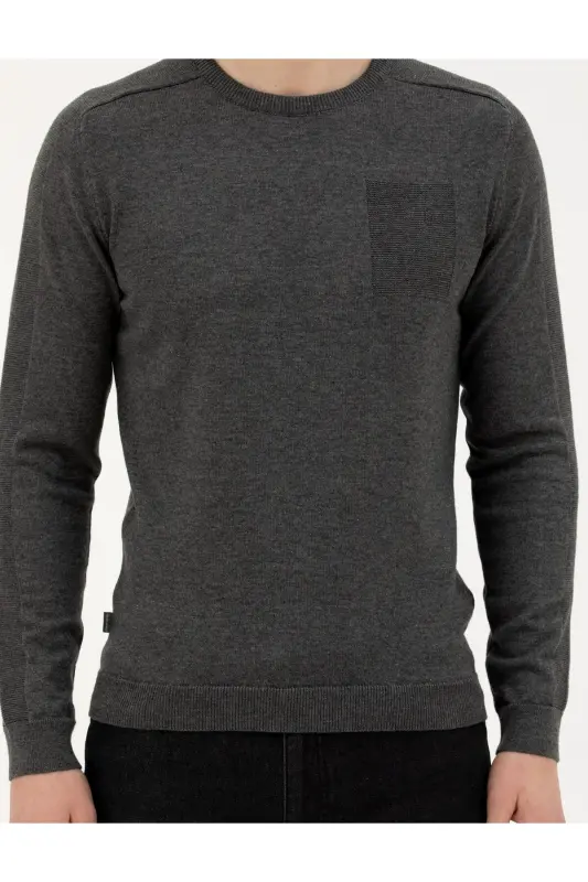 Koyu Gri Slim Fit Bisiklet Yaka Triko Kazak 50281779-VR080-142342 - 6