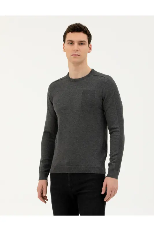 Koyu Gri Slim Fit Bisiklet Yaka Triko Kazak 50281779-VR080-142342 - PIERRE CARDIN