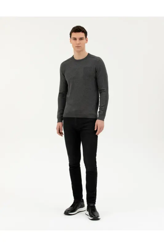 Koyu Gri Slim Fit Bisiklet Yaka Triko Kazak 50281779-VR080 - 142342 - 4