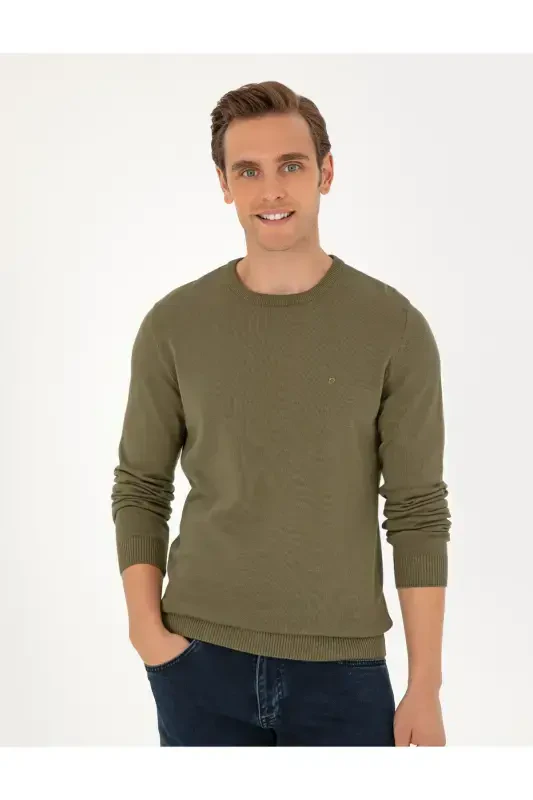 Koyu Haki Slim Fit Bisiklet Yaka Basic Triko Kazak 50296575-VR111-Koyu Haki - PIERRE CARDIN