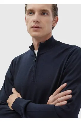 Koyu İndigo Yarım Balıkçı Yaka Düz Örgü Yün Karışımlı Triko Kazak-Koyu İndigo - 4