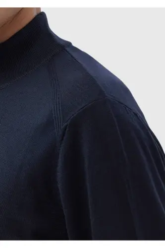 Koyu İndigo Yarım Balıkçı Yaka Düz Örgü Yün Karışımlı Triko Kazak-Koyu İndigo - 5