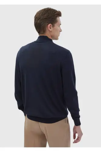 Koyu İndigo Yarım Balıkçı Yaka Düz Örgü Yün Karışımlı Triko Kazak-Koyu İndigo - 6