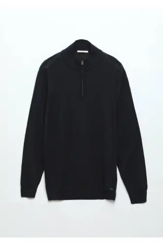 Koyu İndigo Yarım Balıkçı Yaka Düz Örgü Yün Karışımlı Triko Kazak-Koyu İndigo - 7