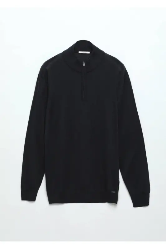 Koyu İndigo Yarım Balıkçı Yaka Düz Örgü Yün Karışımlı Triko Kazak-Koyu İndigo - 7