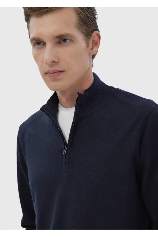 Koyu İndigo Yarım Balıkçı Yaka Düz Örgü Yün Karışımlı Triko Kazak-Koyu İndigo - 3