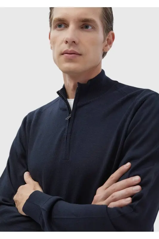 Koyu İndigo Yarım Balıkçı Yaka Düz Örgü Yün Karışımlı Triko Kazak-Koyu İndigo - 4