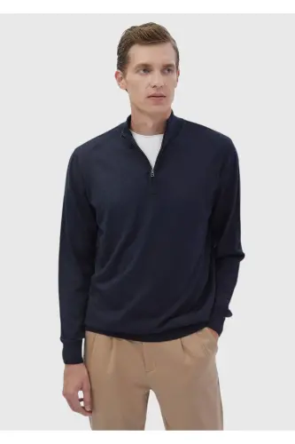 Koyu İndigo Yarım Balıkçı Yaka Düz Örgü Yün Karışımlı Triko Kazak-Koyu İndigo 