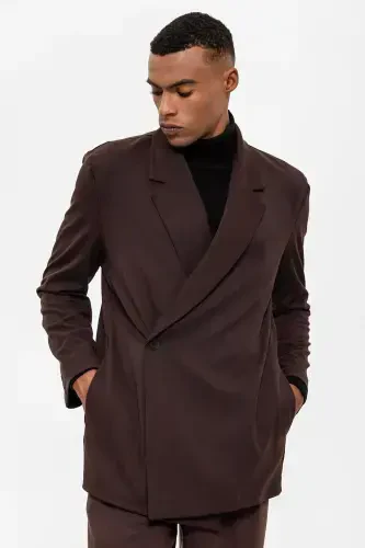 Koyu Kahve Kruvaze Kapama Gizli Cep Erkek Blazer Ceket-Koyu Kahve - 6