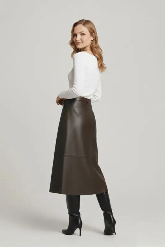 Koyu Kahverengi Kadın Önden Çıtçıt Kapamalı Kloş Uzun Hakiki Deri Etek-KAHVE - 2