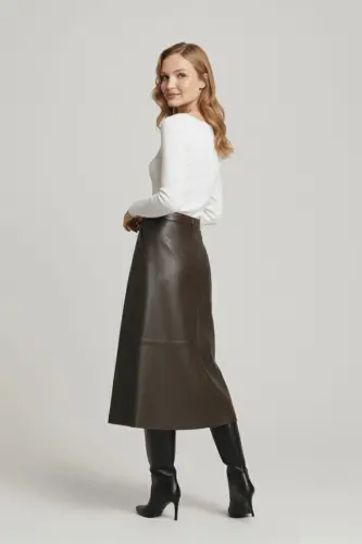 Koyu Kahverengi Kadın Önden Çıtçıt Kapamalı Kloş Uzun Hakiki Deri Etek-KAHVE - 2