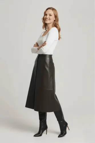 Koyu Kahverengi Kadın Önden Çıtçıt Kapamalı Kloş Uzun Hakiki Deri Etek-KAHVE - 3