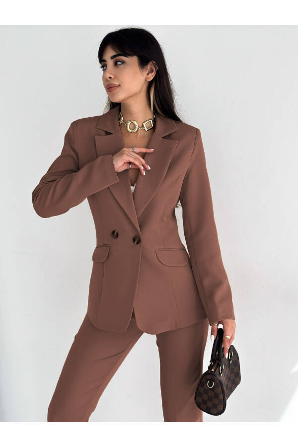 Koyu Kahverengi Kruvaze Blazer Ceket Havuç Pantolon Takım Elbise - Koyu Kahverengi - 1