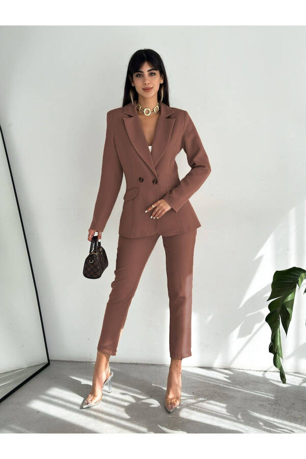 Koyu Kahverengi Kruvaze Blazer Ceket Havuç Pantolon Takım Elbise - Koyu Kahverengi - 3
