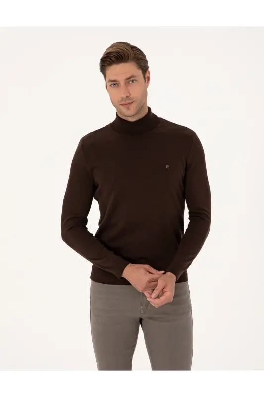 Koyu Kahverengi Slim Fit Balıkçı Yaka Basic Triko Kazak 50314202-VR084 - Koyu Kahverengi - 1