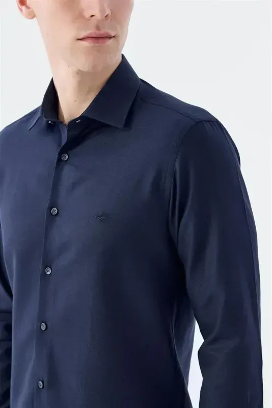 Koyu Lacivert-2 Comfort Fit Pamuklu Kolay Ütülenebilir Gömlek - 2