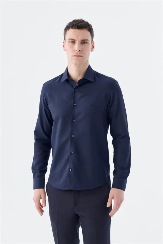 Koyu Lacivert-2 Comfort Fit Pamuklu Kolay Ütülenebilir Gömlek - 1