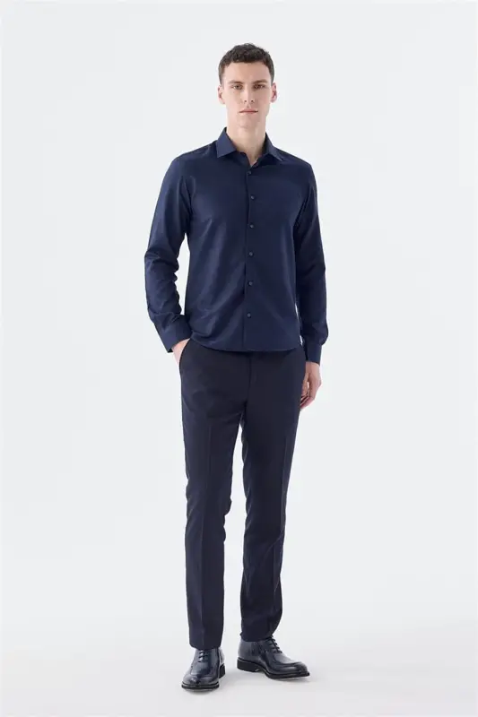 Koyu Lacivert-2 Comfort Fit Pamuklu Kolay Ütülenebilir Gömlek - 2
