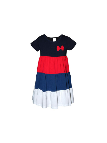 Koyu Lacivert + Beyaz Kız Çocuk Kısa Kol Fiyonklu Renkli Kat Kat Elbise-Lacivert - LC WAIKIKI