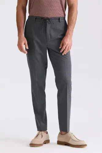 Koyu Lacivert Comfort Fit Beli Lastikli Yünlü Kumaş Pantolon 