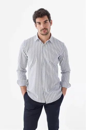 Koyu Lacivert Comfort Fit Desenli Esnek Kumaş Pamuklu Spor Gömlek - 1