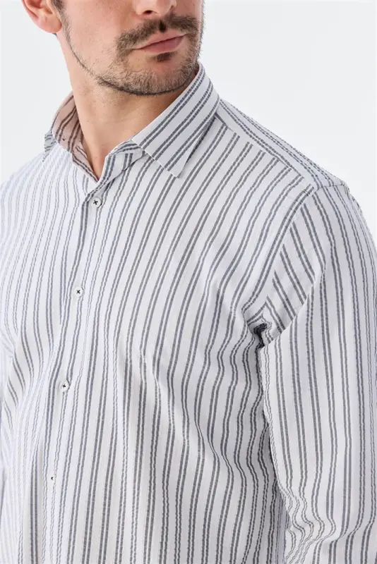 Koyu Lacivert Comfort Fit Desenli Esnek Kumaş Pamuklu Spor Gömlek - 3