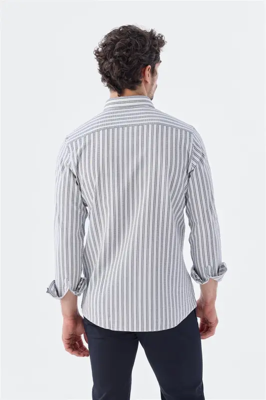 Koyu Lacivert Comfort Fit Desenli Esnek Kumaş Pamuklu Spor Gömlek - 4