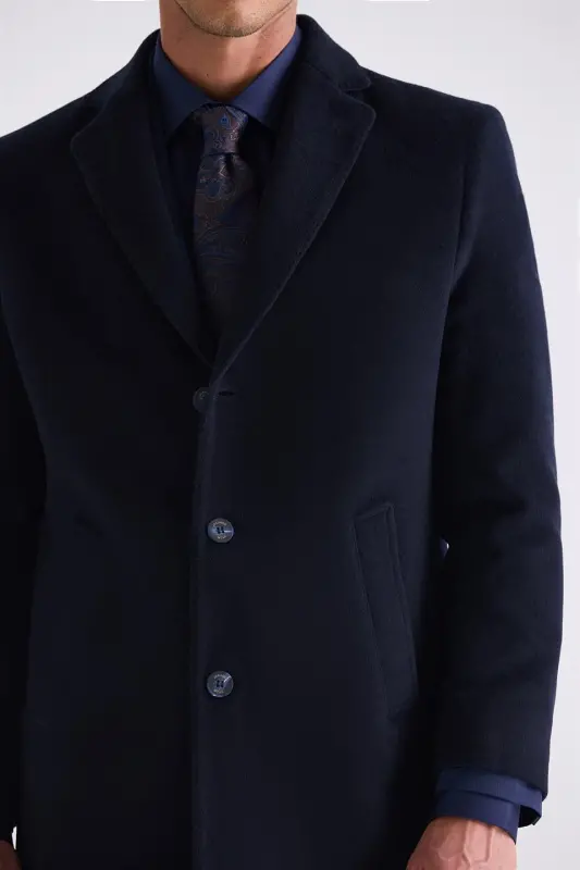 Koyu Lacivert Comfort Fit Mono Yaka Yan Cep Kaşe Kaban - 3