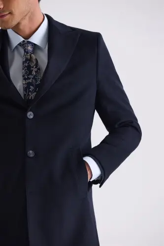Koyu Lacivert Comfort Fit Sivri Yaka Balık Sırtı Desenli Yünlü Kaşe Kaban - 3