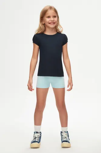 Koyu Lacivert Kız Çocuk Kısa Kollu Basıc Tişört - DARK NAVY - LOVETTI (1)