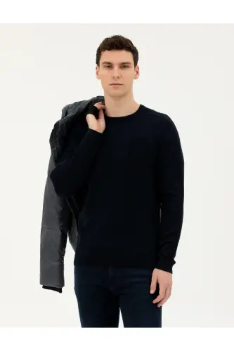 Koyu Lacivert Slim Fit Bisiklet Yaka Triko Kazak 50281779-VR100-164809 