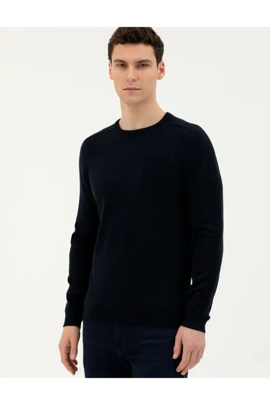 Koyu Lacivert Slim Fit Bisiklet Yaka Triko Kazak 50281779-VR100-164809 - 3