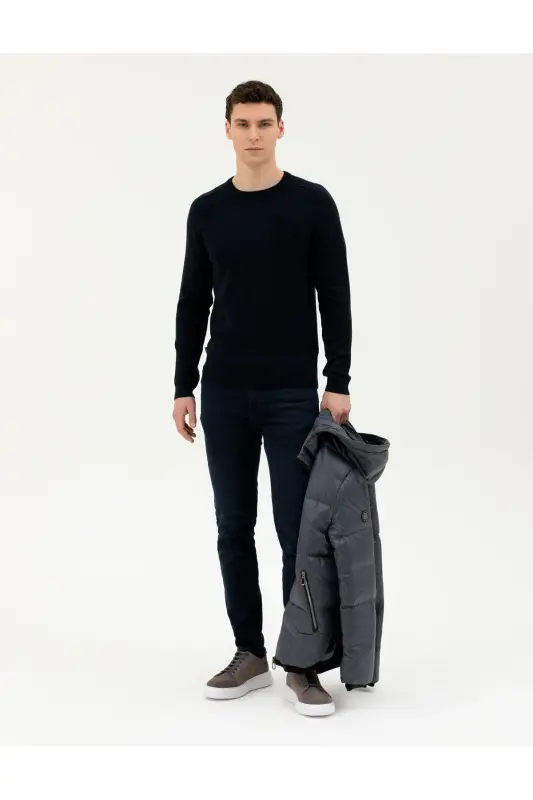 Koyu Lacivert Slim Fit Bisiklet Yaka Triko Kazak 50281779-VR100-164809 - 4