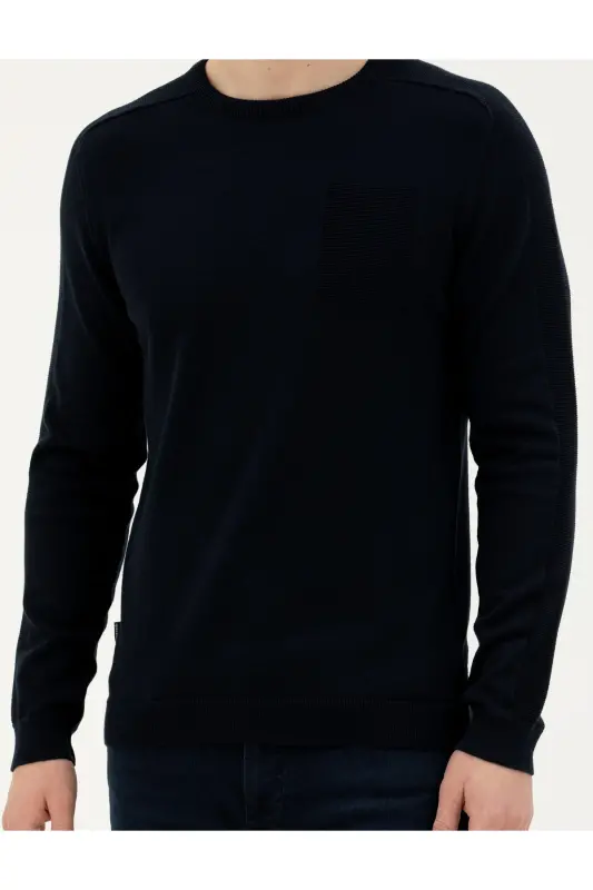 Koyu Lacivert Slim Fit Bisiklet Yaka Triko Kazak 50281779-VR100-164809 - 6