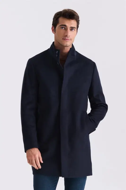 Koyu Lacivert Slim Fit Dik Yaka Balık Sırtı Desenli Yünlü Spor Kaban - JAKAMEN